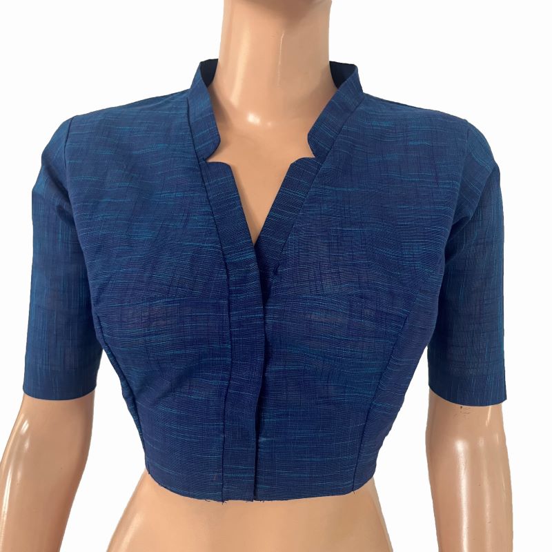 Slub Cotton V- Collar Blouse ,Blue , BH1311