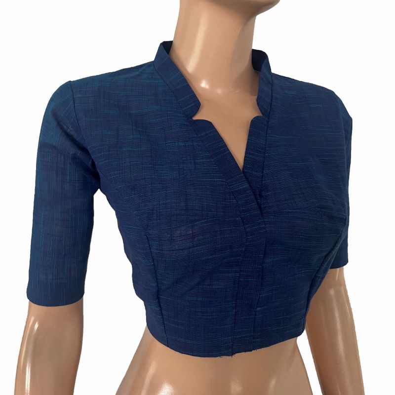 Slub Cotton V- Collar Blouse ,Blue , BH1311