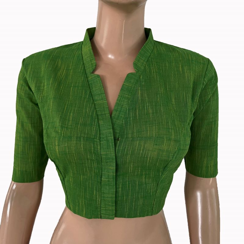 Slub Cotton V Collar Blouse Green BH1317 Scarlet Thread