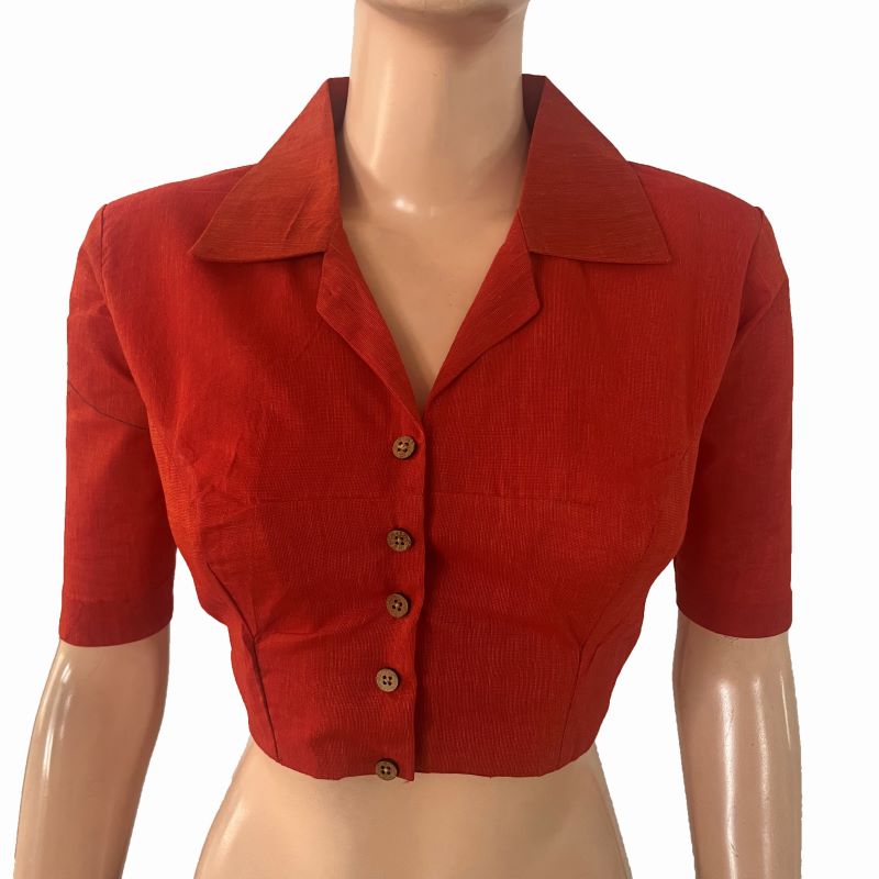 South Cotton Shirt Collar Blouse with Wooden Button Details , Rust - Orange , BH1322
