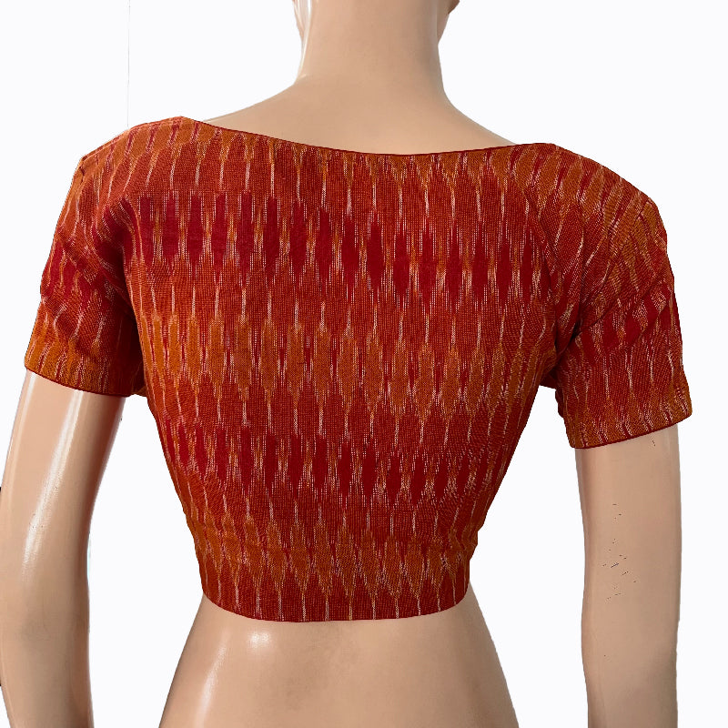 Ikat Cotton Round neck Blouse with Short Sleeves, Rust, BI1163