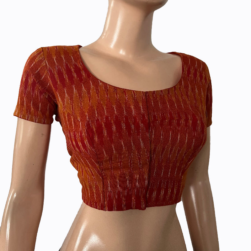 Ikat Cotton Round neck Blouse with Short Sleeves, Rust, BI1163