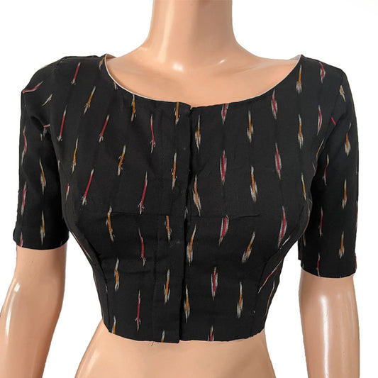 Ikat Cotton Boat neck Blouse, Black, BI1166