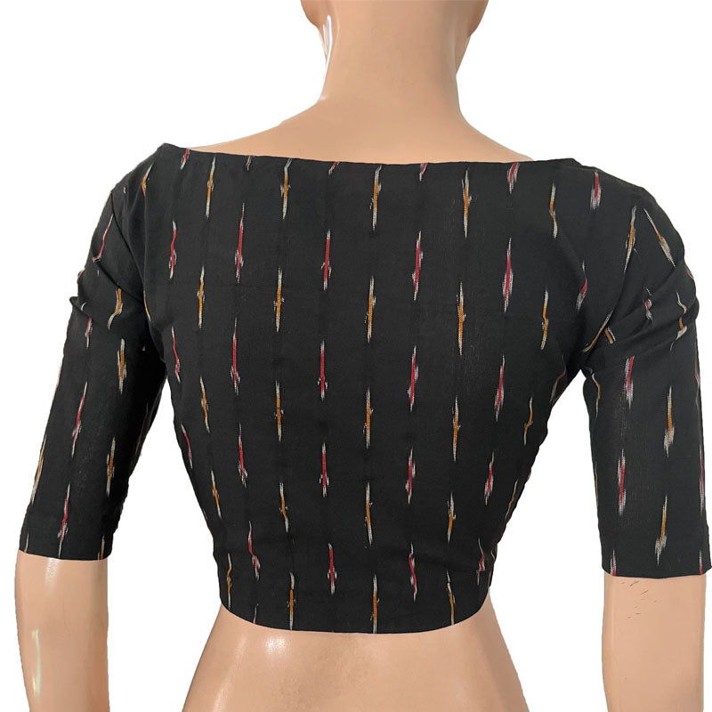 Ikat Cotton Boat neck Blouse, Black, BI1166