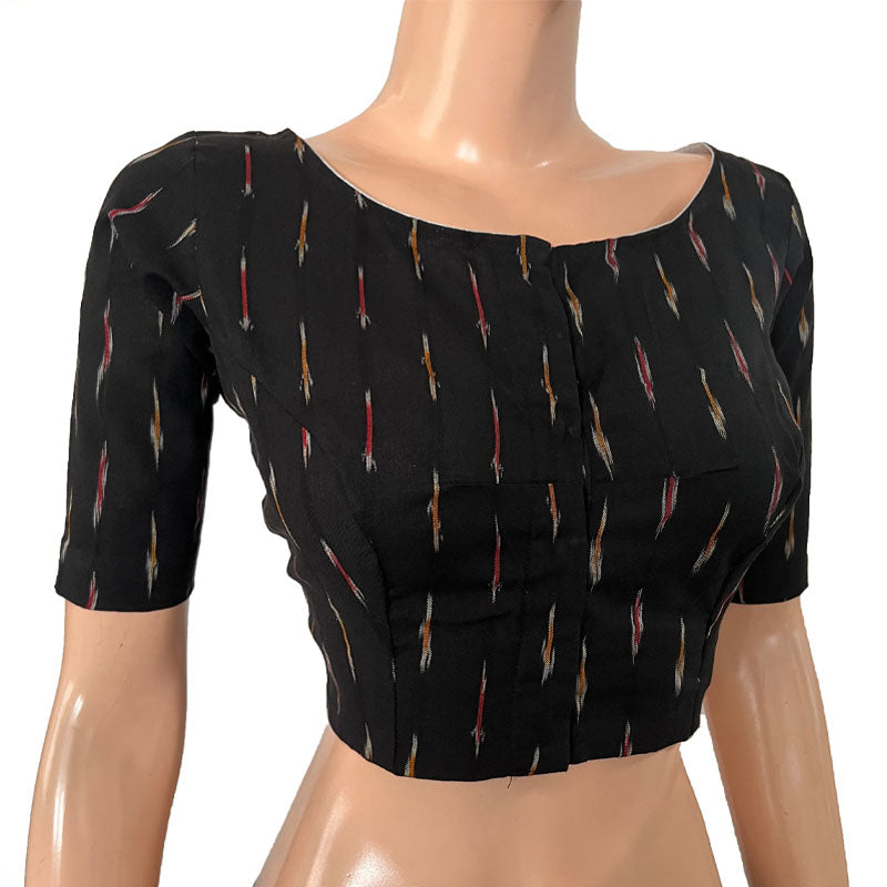 Ikat Cotton Boat neck Blouse, Black, BI1166