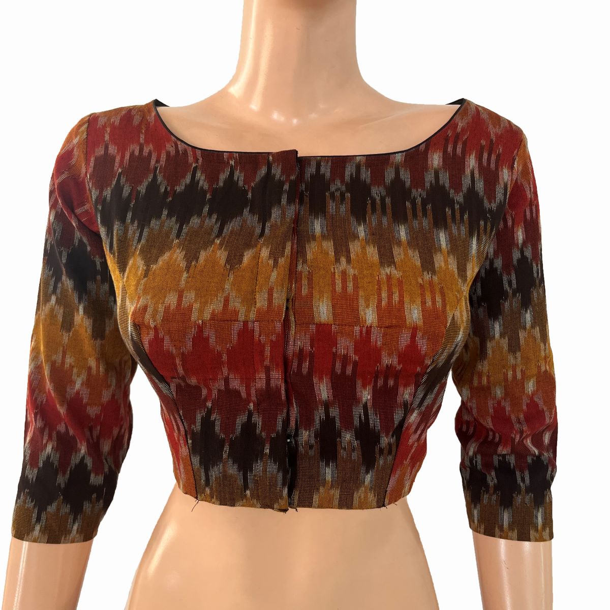 Ikat Cotton Boat Neck Blouse with 3/4 Sleeves , Multicolor , BI1180