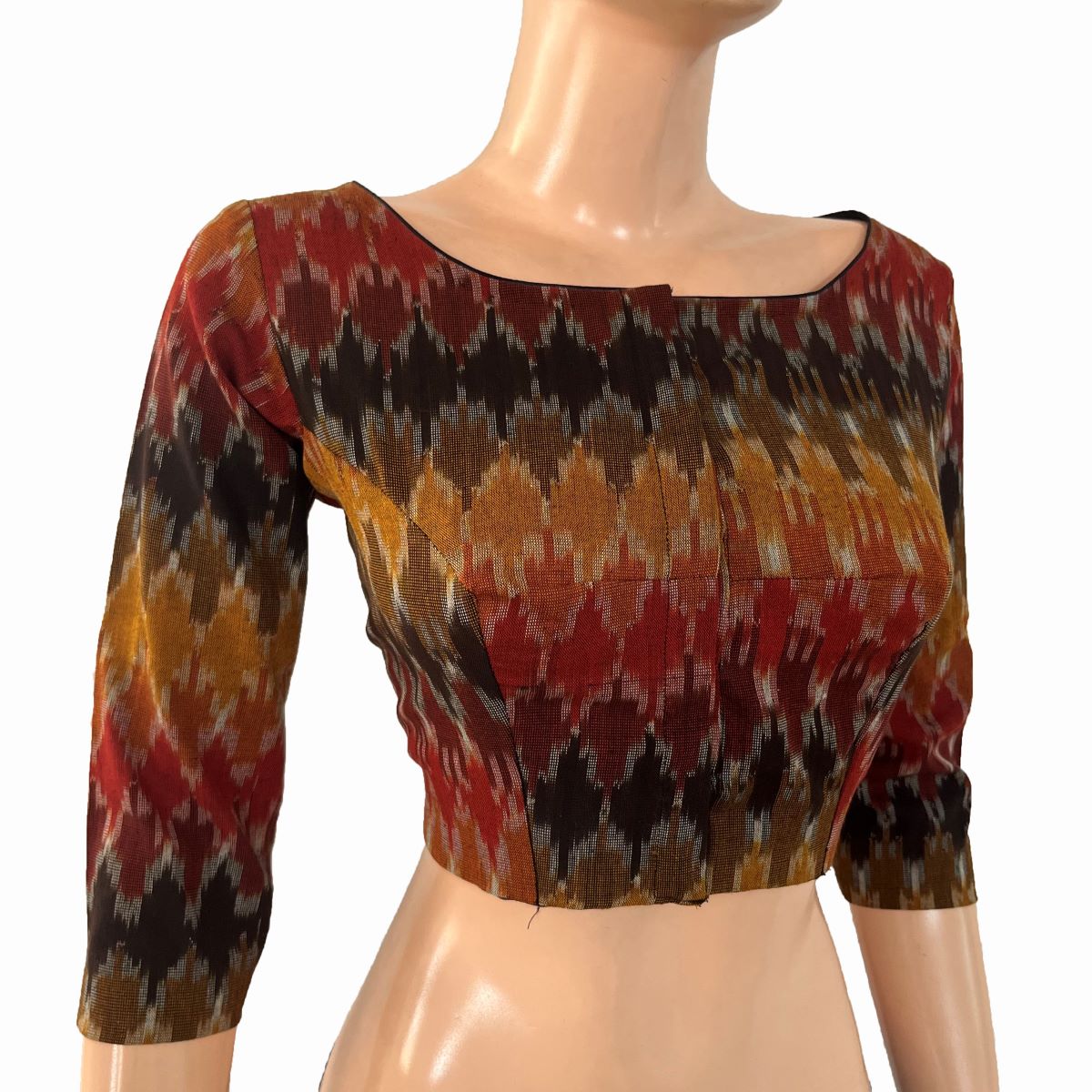 Ikat Cotton Boat Neck Blouse with 3/4 Sleeves , Multicolor , BI1180