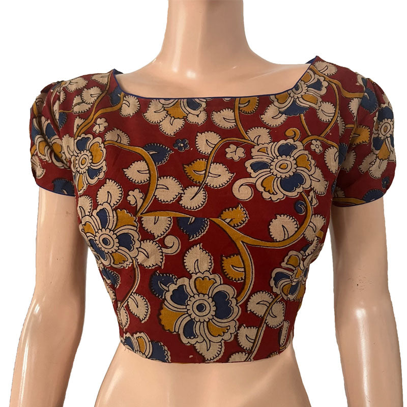 Kalamkari Cotton Boat neck Blouse with Puff Sleeves, Backopen, Multicolor, BK1160