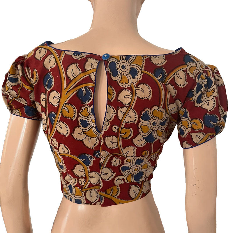 Kalamkari Cotton Boat neck Blouse with Puff Sleeves, Backopen, Multicolor, BK1160