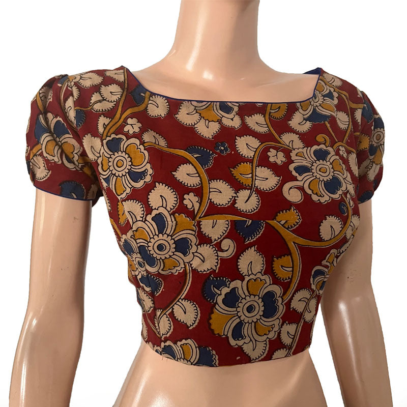Kalamkari Cotton Boat neck Blouse with Puff Sleeves, Backopen, Multicolor, BK1160