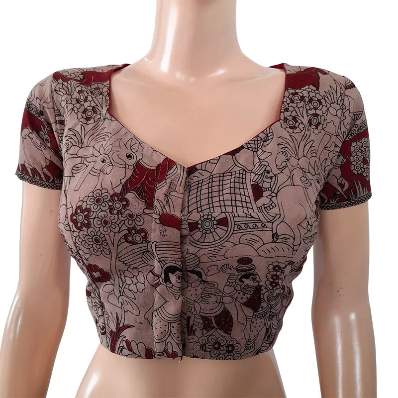Kalamkari Mul Cotton Sweetheart Neck Blouse With Short Sleeves & Lining, Beige, BK1195
