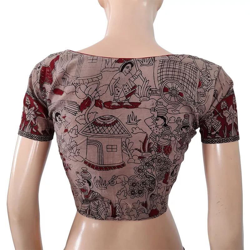 Kalamkari Mul Cotton Sweetheart Neck Blouse With Short Sleeves & Lining, Beige, BK1195