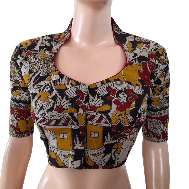 Kalamkari Cotton Highneck Blouse with Lining, Black, BK1196