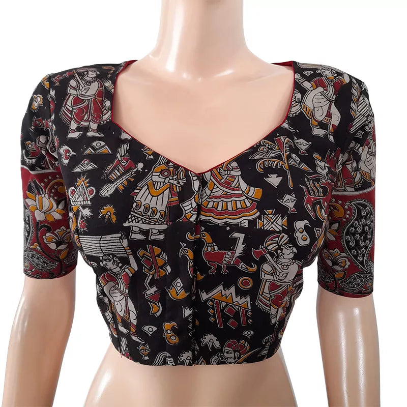 Kalamkari Mul Cotton Sweetheart Neck Blouse With Lining, Black, BK1197