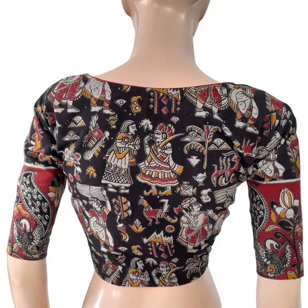 Kalamkari Mul Cotton Sweetheart Neck Blouse With Lining, Black, BK1197