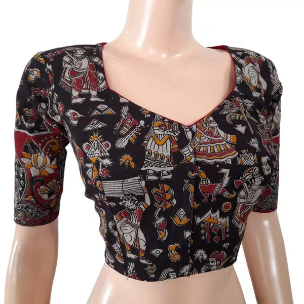 Kalamkari Mul Cotton Sweetheart Neck Blouse With Lining, Black, BK1197