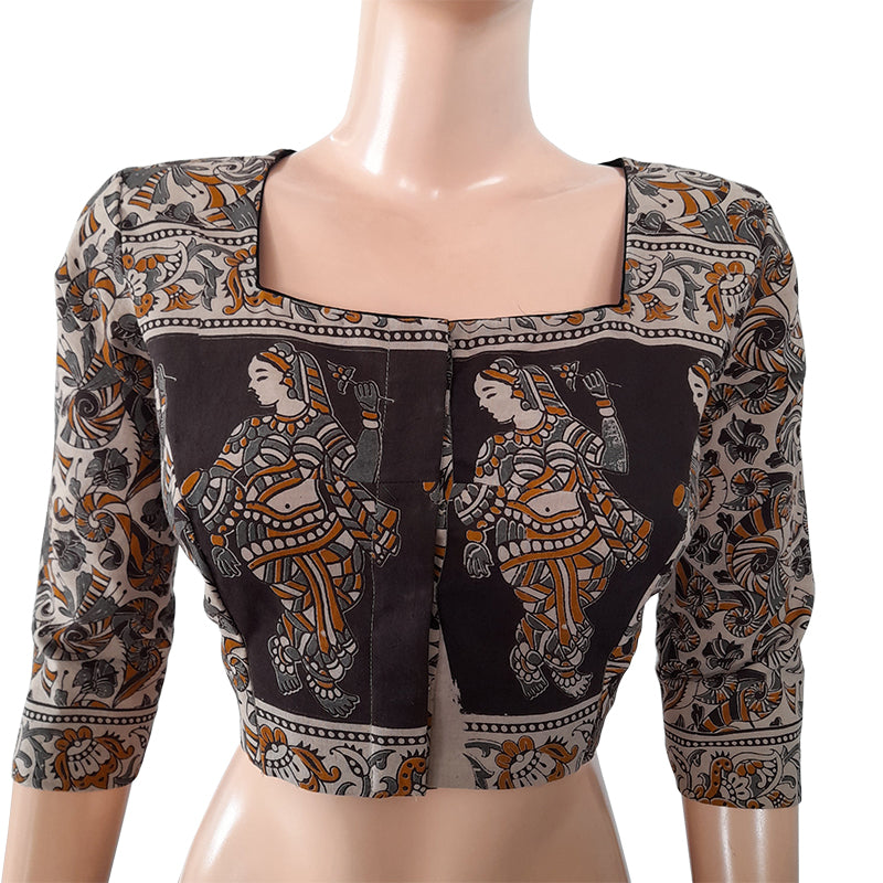 Kalamkari Mul Cotton Squareneck Blouse with Lining, Black - Grey, BK1198