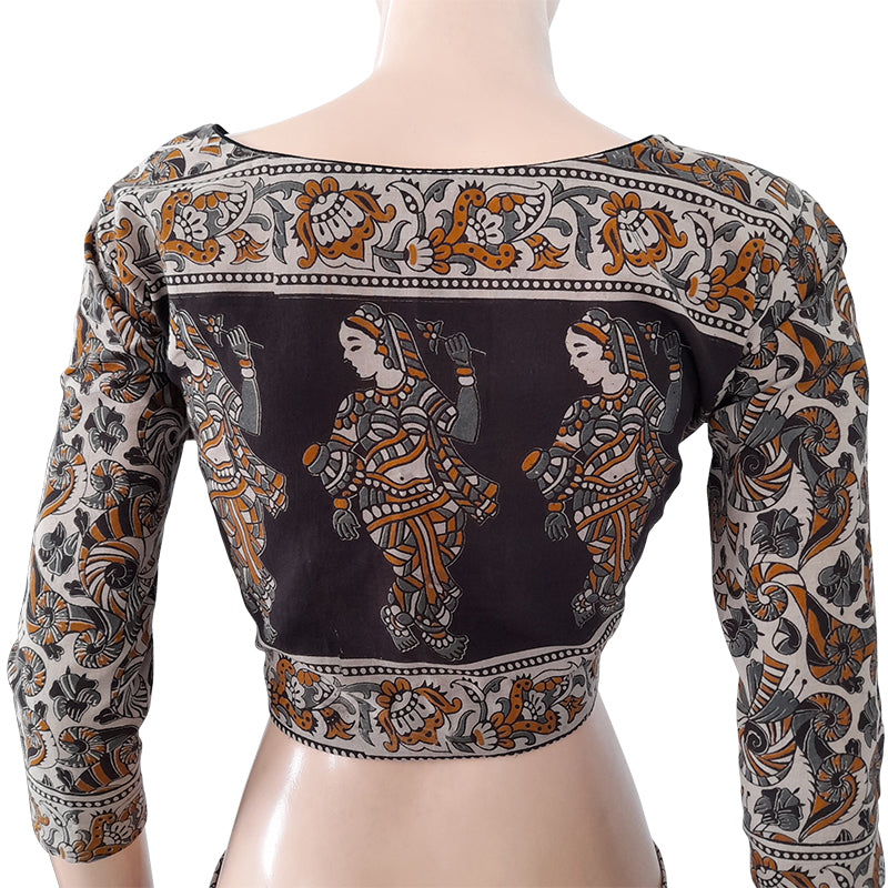 Kalamkari Mul Cotton Squareneck Blouse with Lining, Black - Grey, BK1198