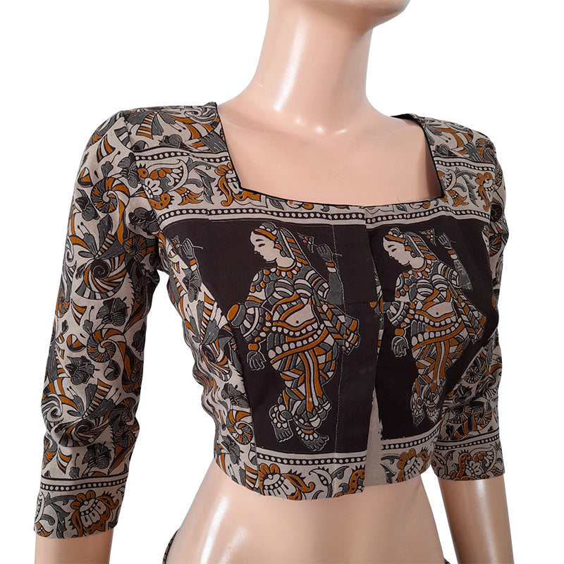 Kalamkari Mul Cotton Squareneck Blouse with Lining, Black - Grey, BK1198