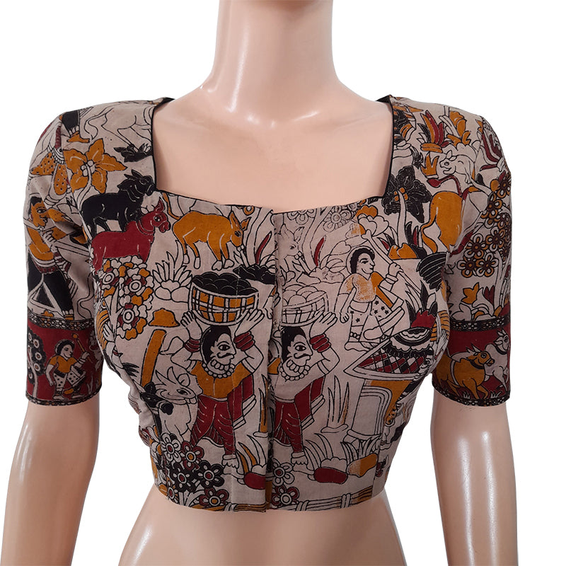 Kalamkari Mul Cotton Squareneck Blouse with Lining, Multicolor, BK1211