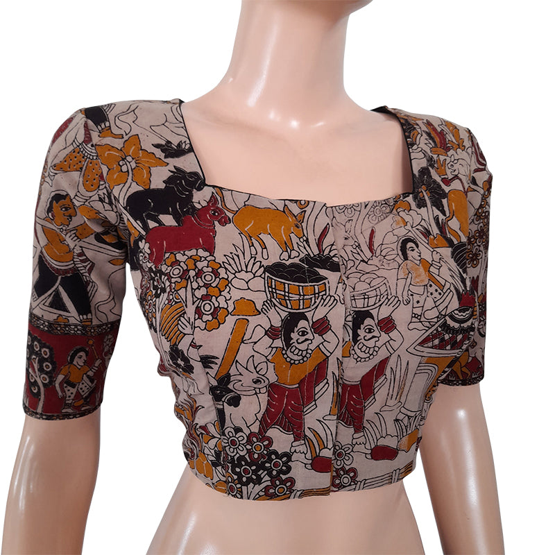 Kalamkari Mul Cotton Squareneck Blouse with Lining, Multicolor, BK1211