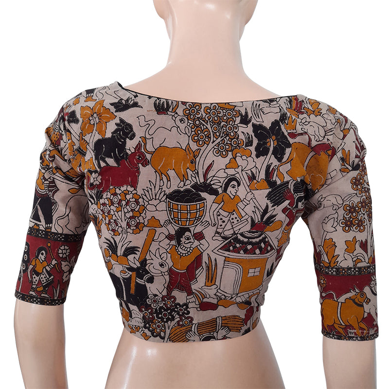 Kalamkari Mul Cotton Squareneck Blouse with Lining, Multicolor, BK1211