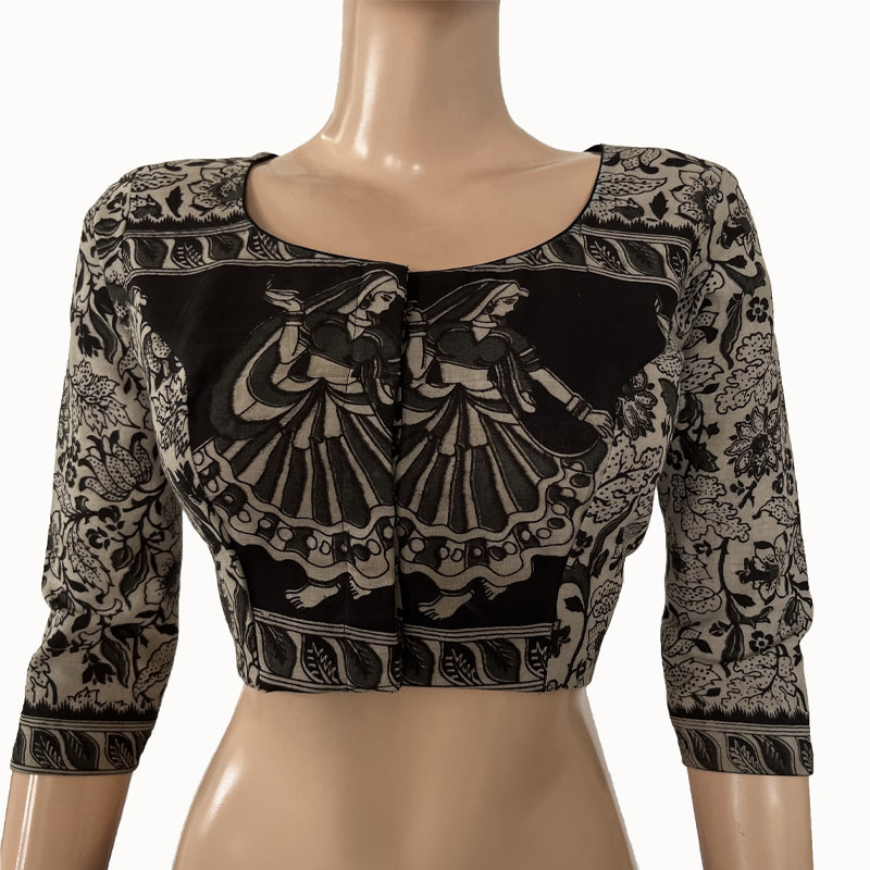 Kalamkari Mul Cotton Roundneck Blouse with Lining, Grey - black, BK1232