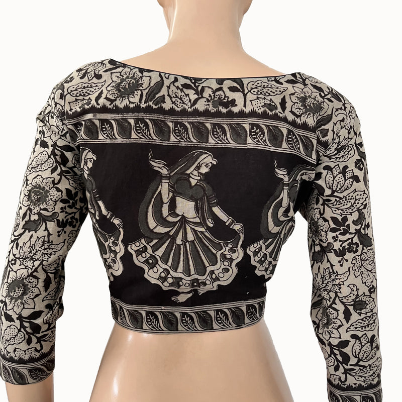 Kalamkari Mul Cotton Roundneck Blouse with Lining, Grey - black, BK1232