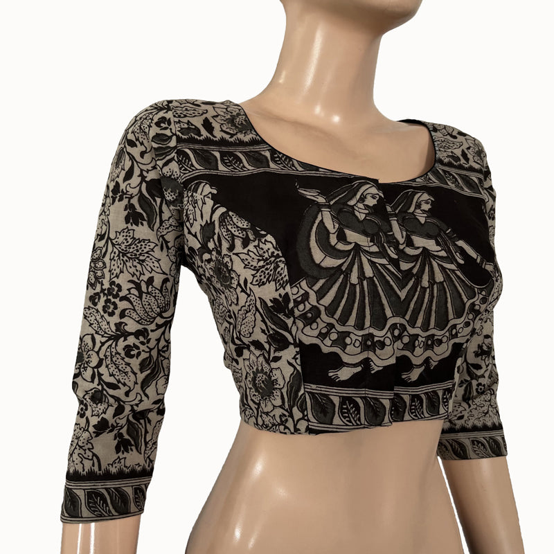 Kalamkari Mul Cotton Roundneck Blouse with Lining, Grey - black, BK1232