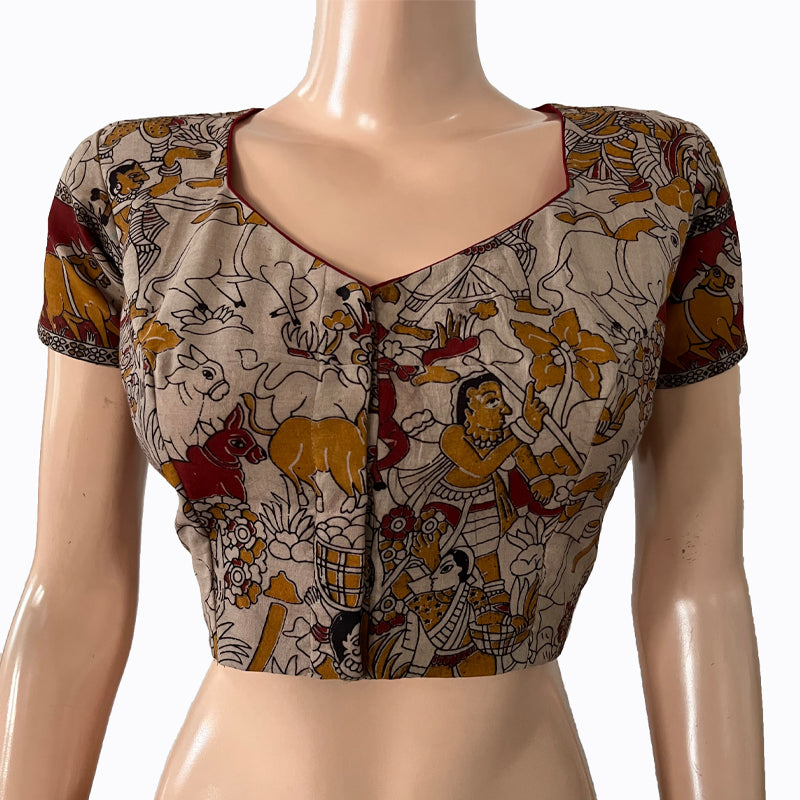Kalamkari Mul Cotton Sweetheart neck Blouse with Lining, Beige, BK1234