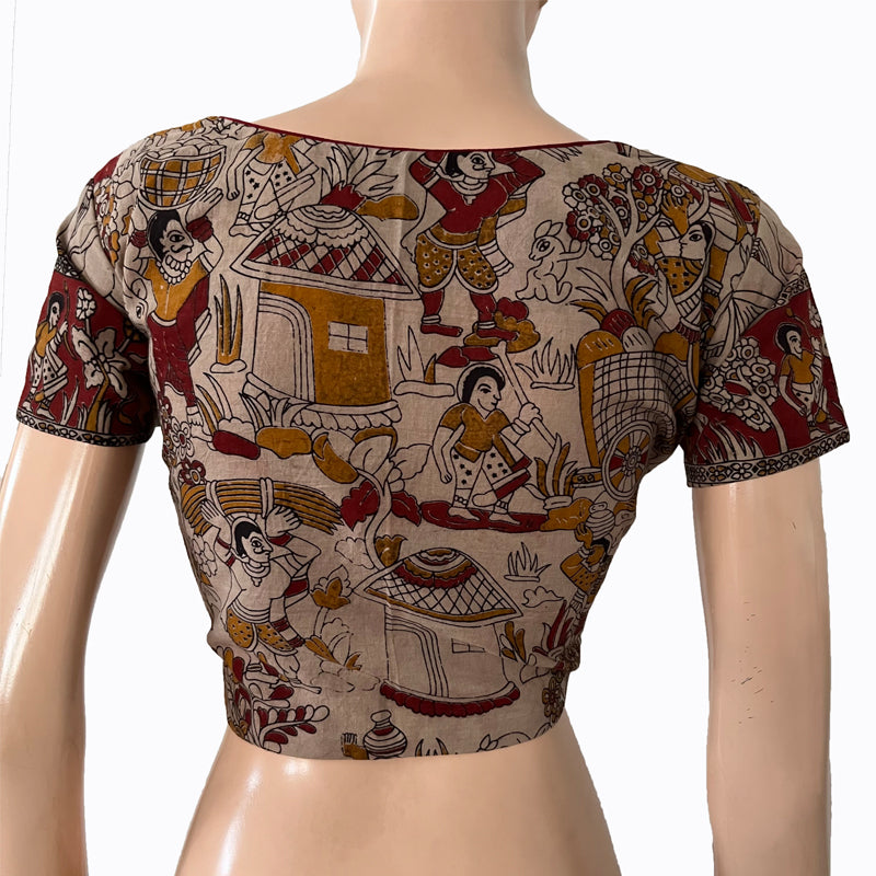 Kalamkari Mul Cotton Sweetheart neck Blouse with Lining, Beige, BK1234