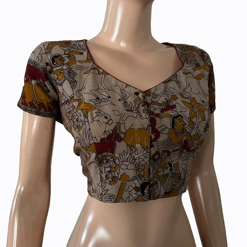 Kalamkari Mul Cotton Sweetheart neck Blouse with Lining, Beige, BK1234