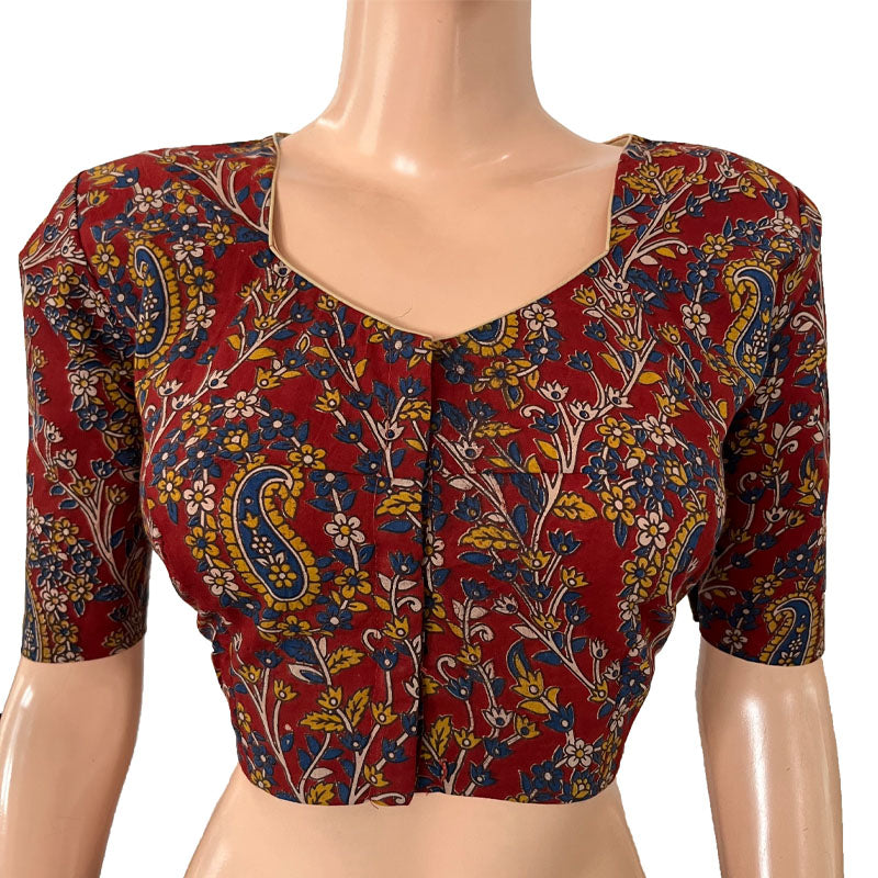 Kalamkari Cotton Pot neck Blouse, Maroon, BK1266