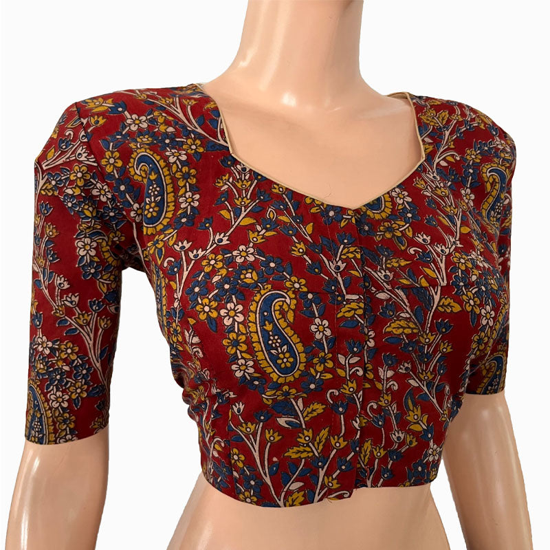 Kalamkari Cotton Pot neck Blouse, Maroon, BK1266