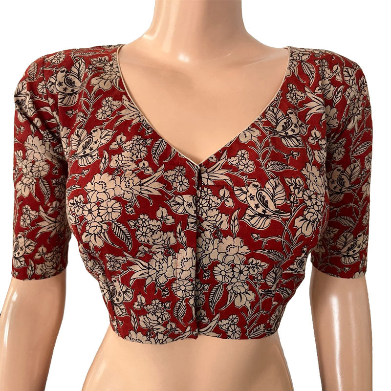 Kalamkari Cotton V neck Blouse, Red, BK1270