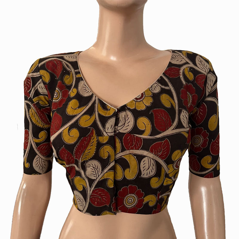 Kalamkari Cotton V neck Blouse, Black, BK1271