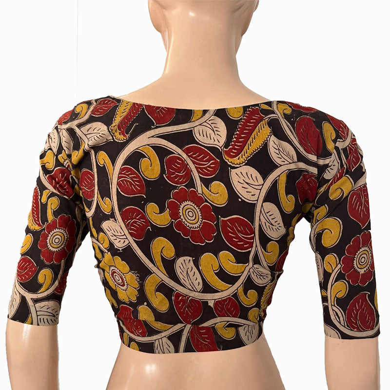Kalamkari Cotton V neck Blouse, Black, BK1271
