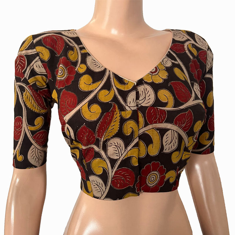 Kalamkari Cotton V neck Blouse, Black, BK1271