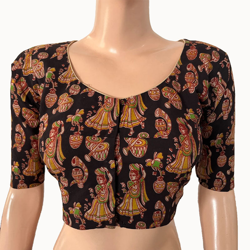 Kalamkari Cotton Round neck Blouse, Black, BK1273