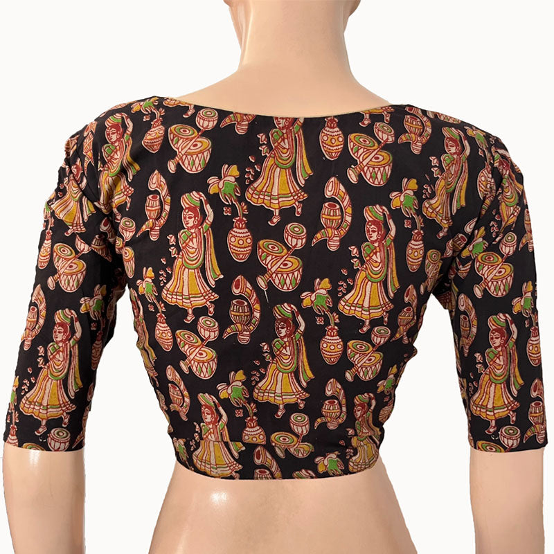 Kalamkari Cotton Round neck Blouse, Black, BK1273