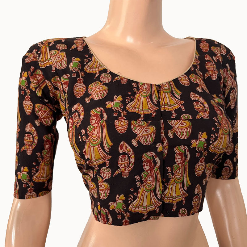 Kalamkari Cotton Round neck Blouse, Black, BK1273