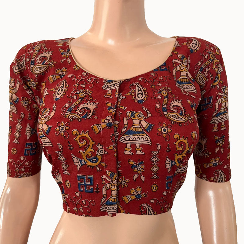 Kalamkari Cotton Round neck Blouse, Red, BK1275
