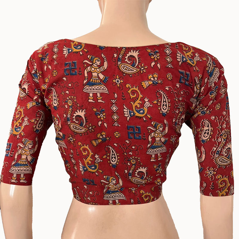 Kalamkari Cotton Round neck Blouse, Red, BK1275