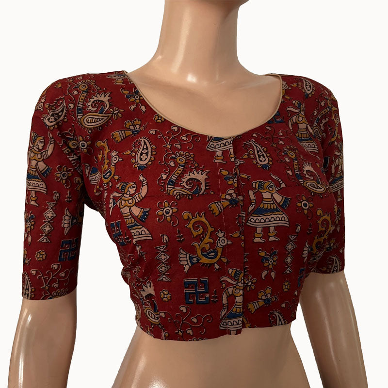 Kalamkari Cotton Round neck Blouse, Red, BK1275