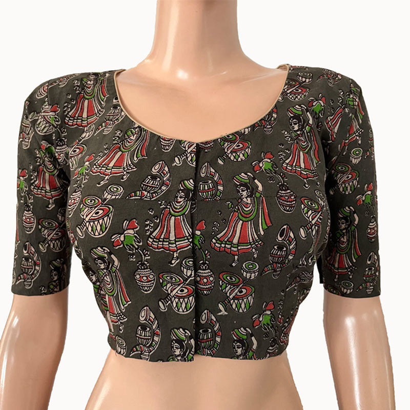 Kalamkari Cotton Round neck Blouse, Green, BK1276