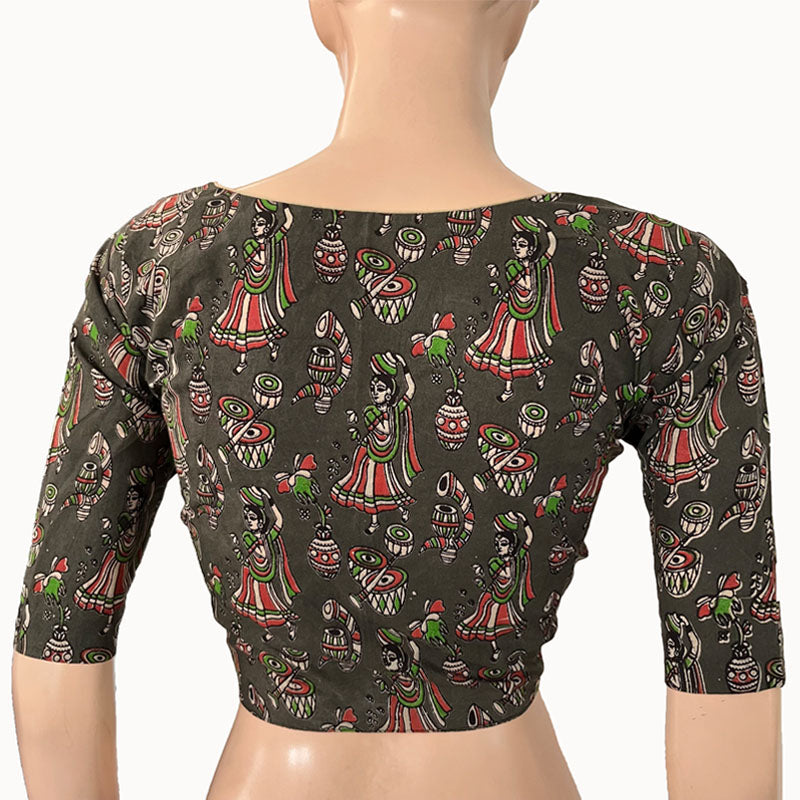 Kalamkari Cotton Round neck Blouse, Green, BK1276