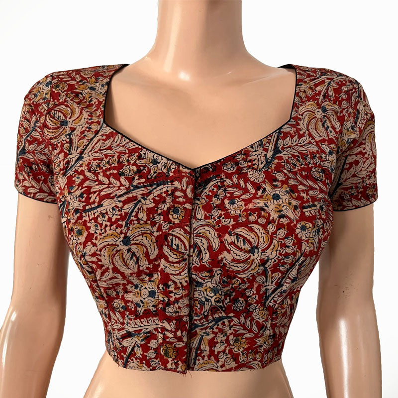 Kalamkari Cotton Sweetheart neck Blouse with Short Sleeves, Red, BK1277