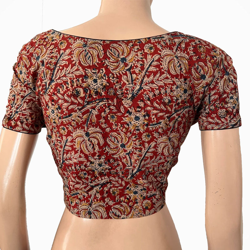 Kalamkari Cotton Sweetheart neck Blouse with Short Sleeves, Red, BK1277
