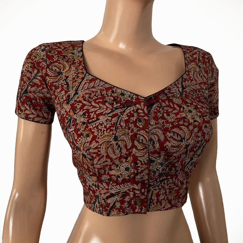 Kalamkari Cotton Sweetheart neck Blouse with Short Sleeves, Red, BK1277