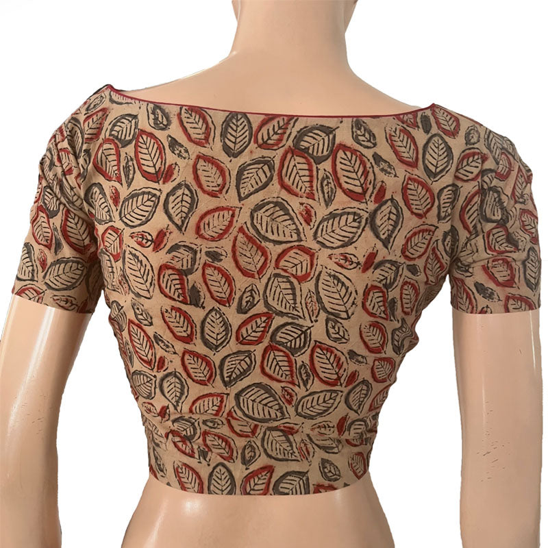 Kalamkari Cotton Boat neck Blouse with Short Sleeves, Beige, BK1282